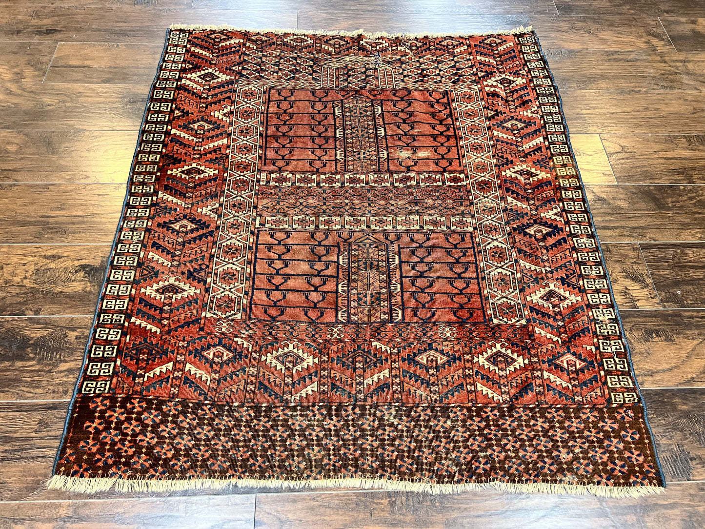 Turkoman Rug Antique Hatchli Wool Handmade 4x4 Four Season Yamud Design Red Bohemian Engsi Tekkeh