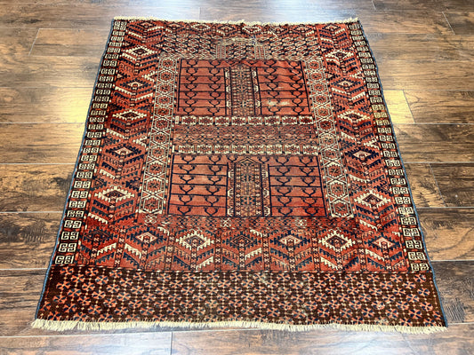 Turkoman Rug Antique Hatchli Wool Handmade 4x4 Four Season Yamud Design Red Bohemian Engsi Tekkeh