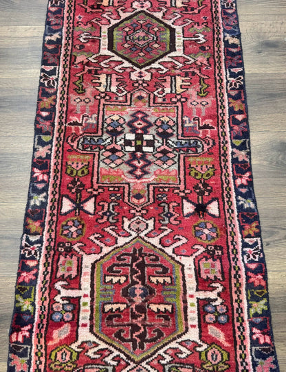 Persian Heriz Karajeh Runner Rug 2x9 With Bold Geometric Medallions In Red Navy