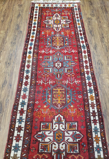 Antique Persian Heriz Karajeh Runner Rug Hand Knotted Wool Red 3 Ft 3 In By 10 Ft 11 In