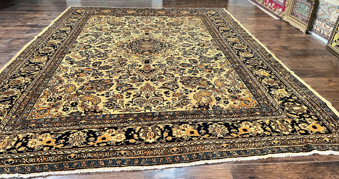 Antique Persian Rug Wool 9x11 Hand Knotted 1920s Hamadan Anjelas Floral Cream Black