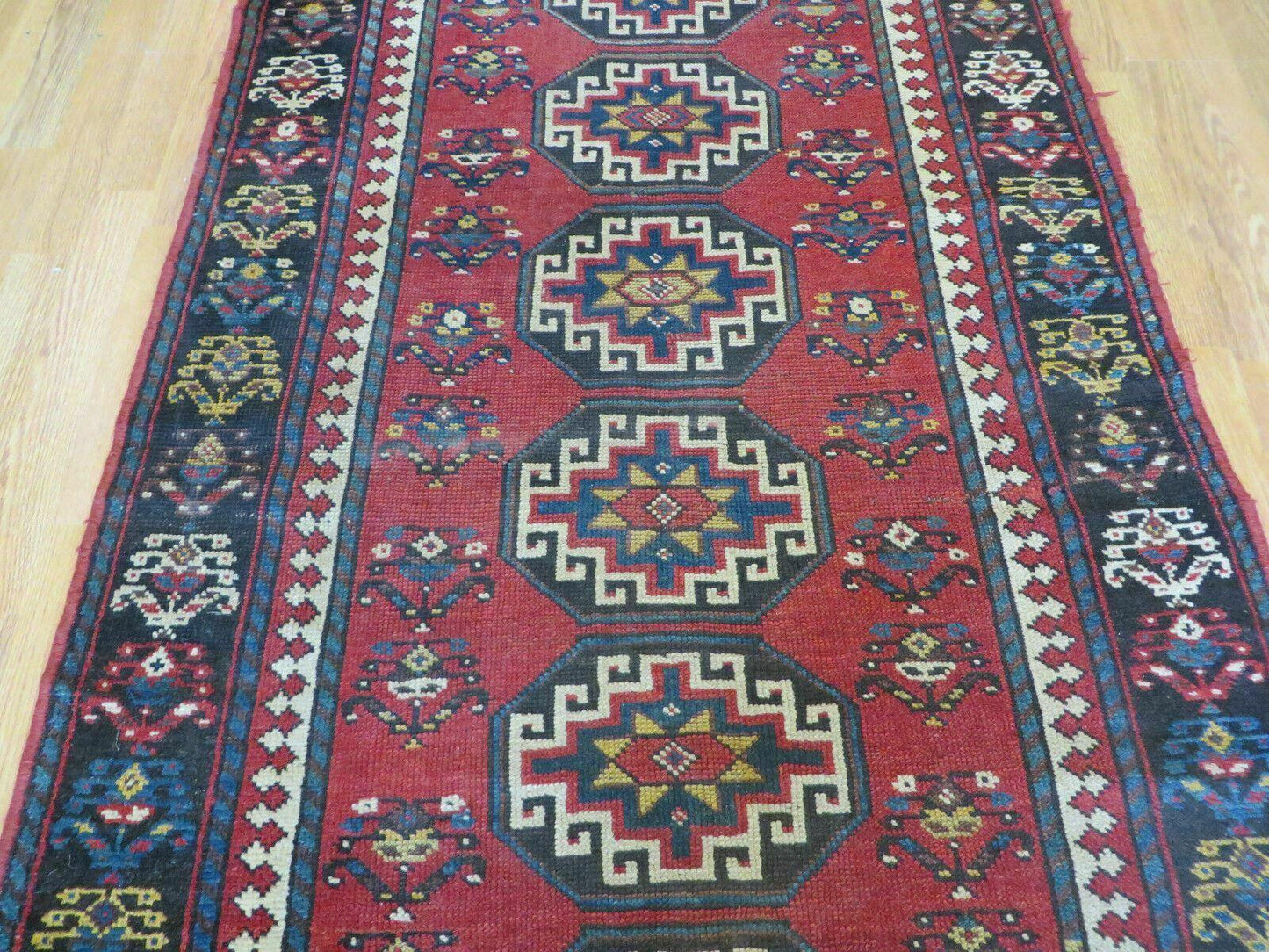 Hand Knotted Caucasian Kazak Wool Runner Rug Antique 1920s Medallion Design
