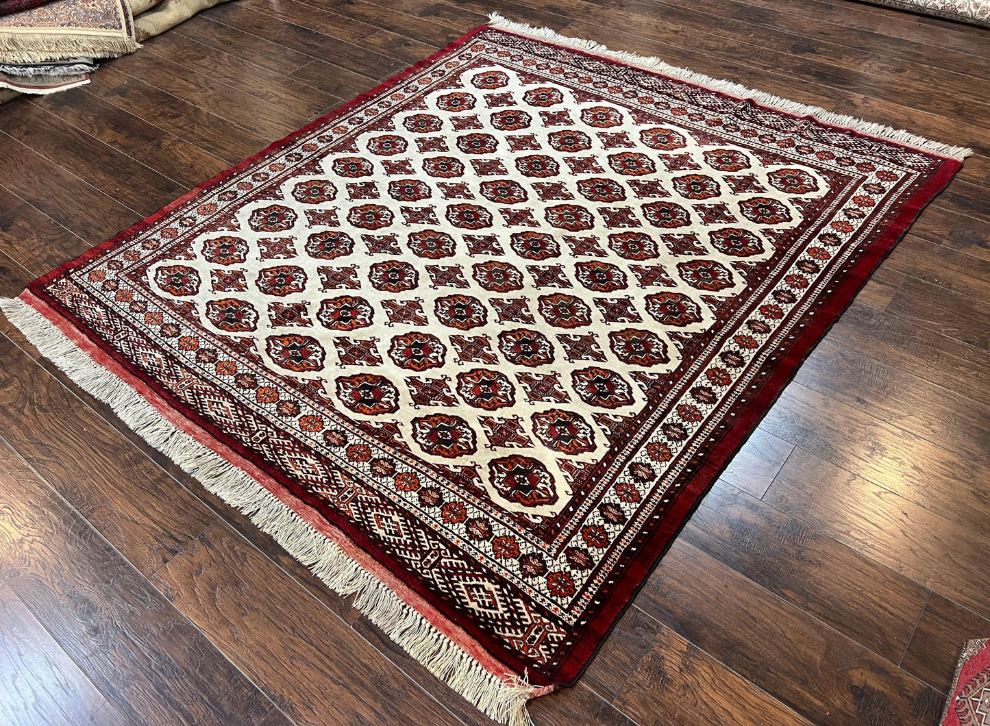 Persian Turkoman Rug Yamud 7x8 Hand Knotted Cream Red Bohemian Tribal Carpet