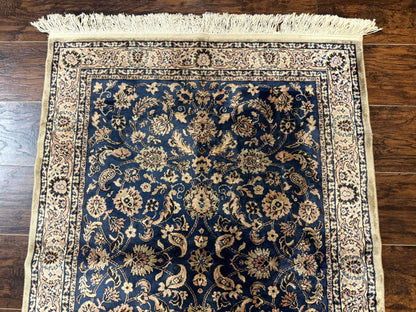 Vintage Art Silk Rug 3x4 Traditional Oriental Persian Design Navy Blue Power Loomed