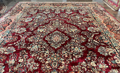 Persian Sarouk Rug 12x17 Hand Knotted Wool Antique Carpet Dark Red Floral Oriental Rug