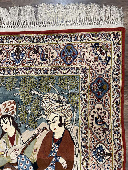 Persian Pictorial Rug Five By Four Feet Isfahan Kork Wool On Silk Foundation Master Weaver Signature Birds And Drums