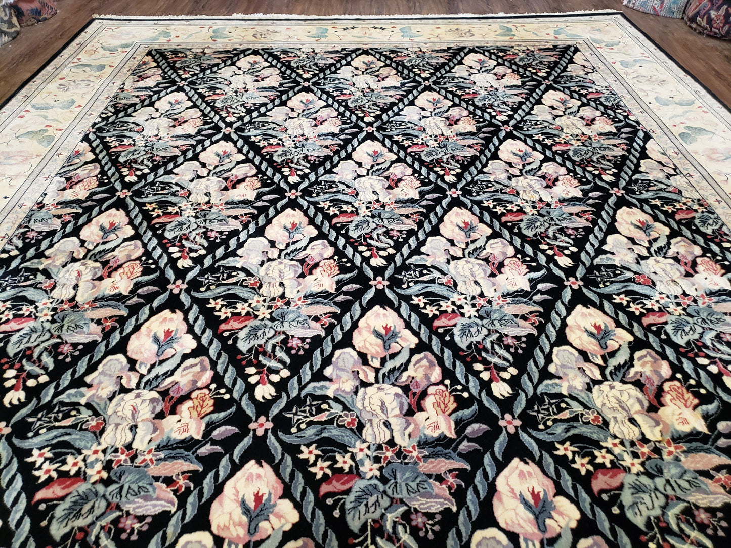 Black Kirman Rug Wool Handmade Floral Oriental Carpet 8x11 Room Size