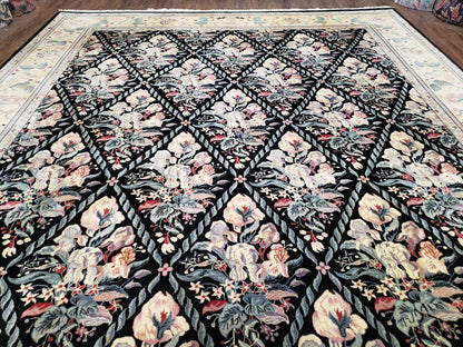 Black Kirman Rug Wool Handmade Floral Oriental Carpet 8x11 Room Size