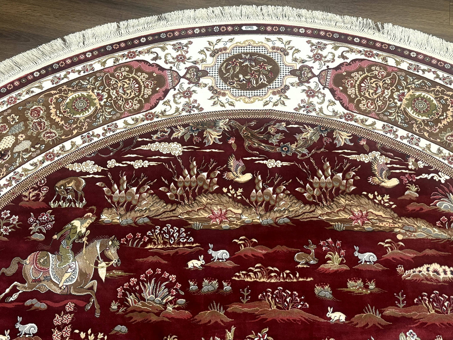 Turkish Silk Rug 8x8 Round Hunting Scene Bamboo Silk Dark Red Ivory