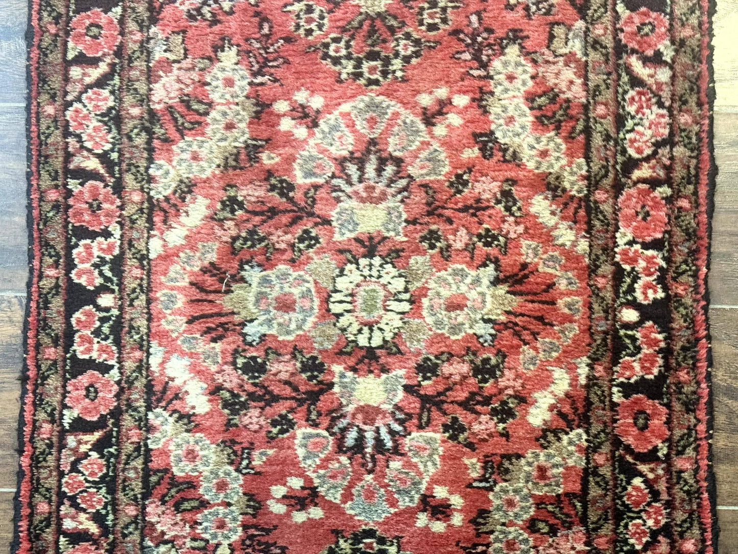 Persian Hamadan Runner Rug 2x13.6 Ft Hand Knotted Wool Red Floral Hallway Carpet