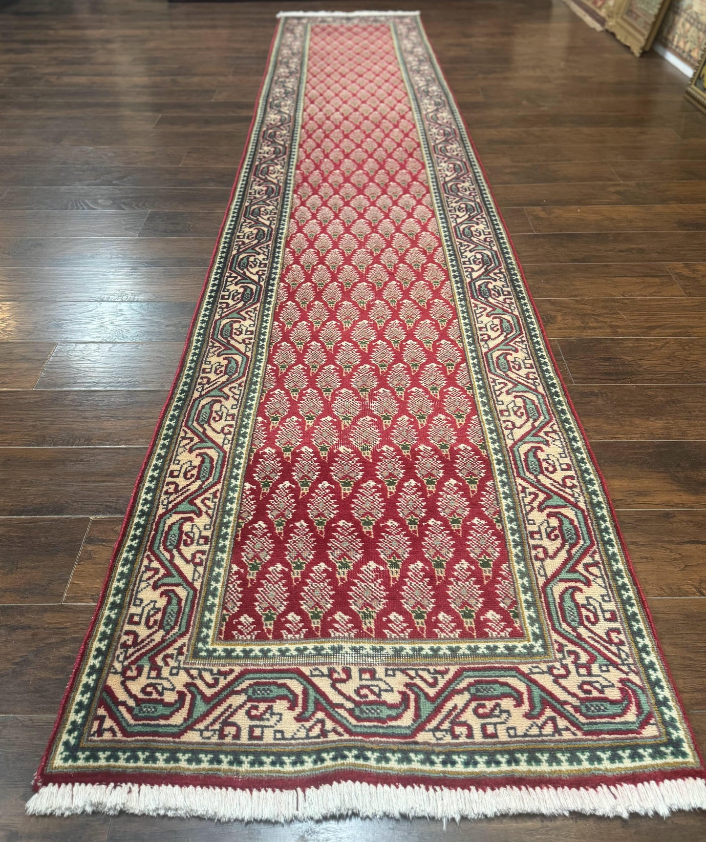 Persian Tabriz Runner Rug 3x16 Wool Hallway Red Cream Paisley Boteh Design