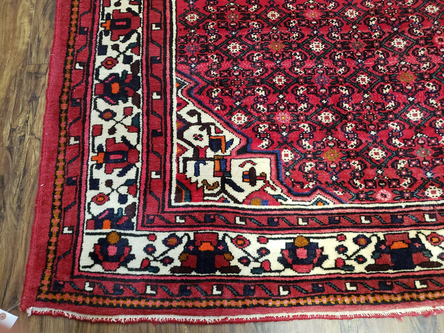 Vintage Persian Hamedan Rug 7x10 Hand Knotted Wool Mahi Pattern Red