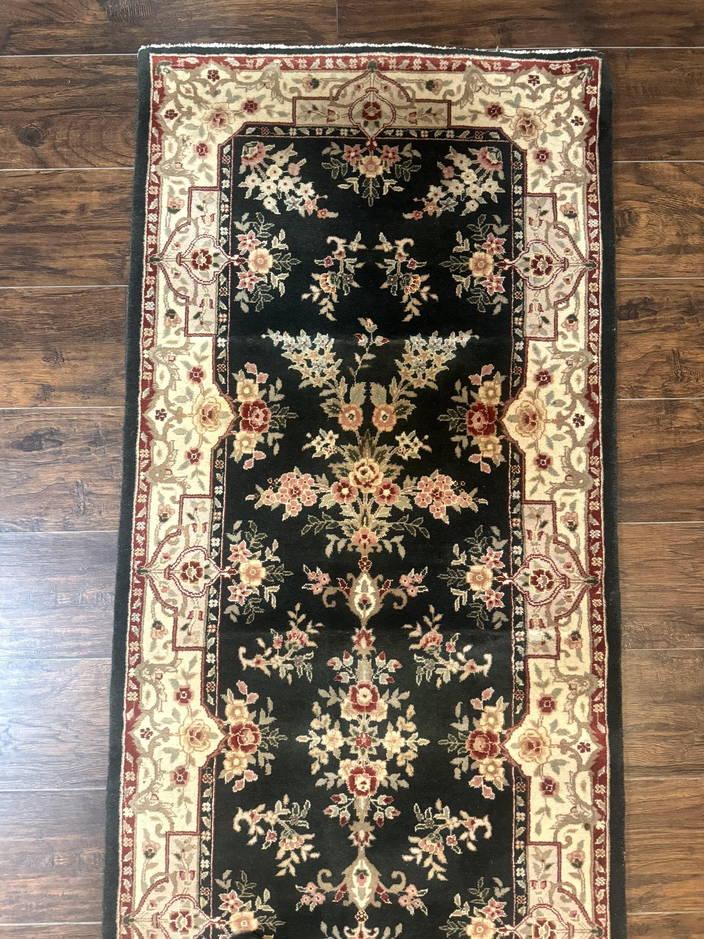 Persian Runner Rug Handmade Wool Floral Allover 2.7x21 Dark Green Beige Hallway Runner