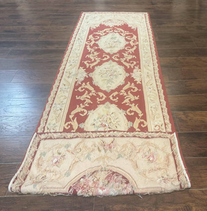 Aubusson Runner Rug 3x10 Handmade Wool European Design in Red and Beige