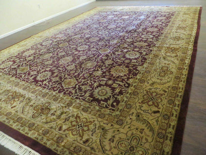 Indian Agra Rug 10x14 Vintage Handmade Wool Carpet Maroon Floral Design