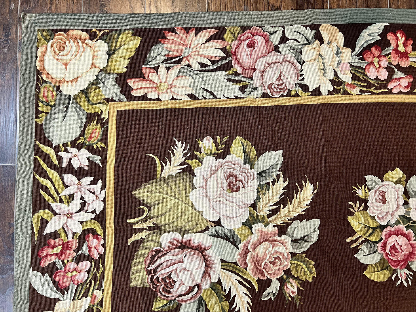 Vintage Needlepoint Rug 9x12 Handmade Wool Carpet With Floral Bouquets European Design