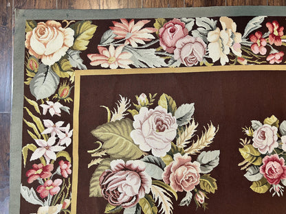 Vintage Needlepoint Rug 9x12 Handmade Wool Carpet With Floral Bouquets European Design