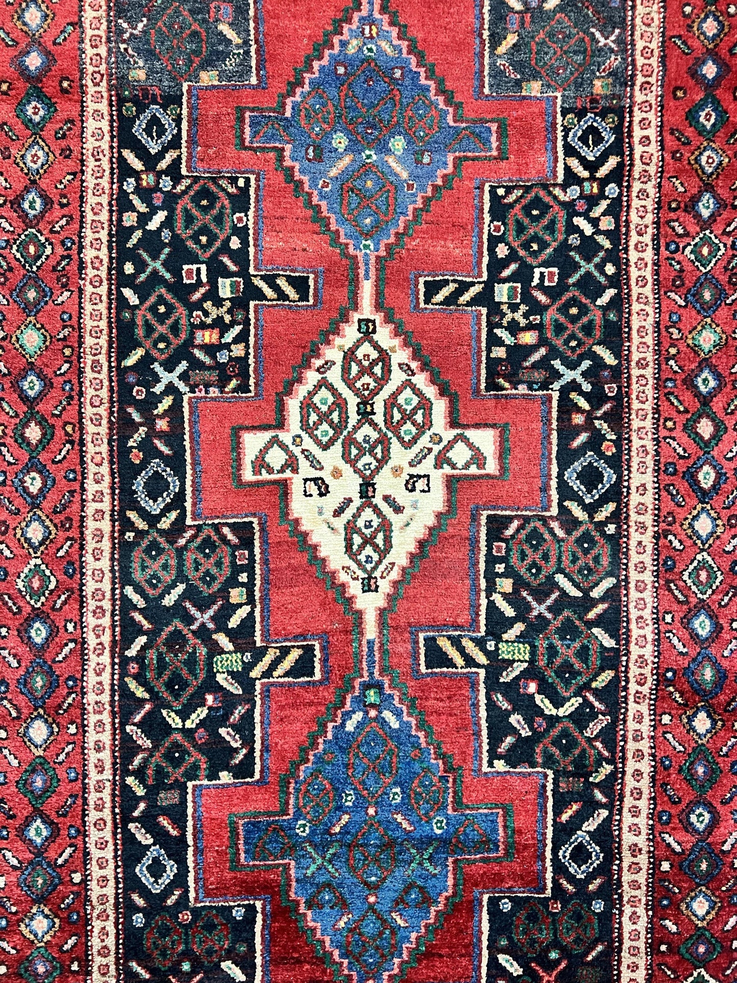 Senneh Runner Rug Persian Kurdish Handmade Wool 3x9 9ft Medallion Red Navy Blue Hallway Kitchen