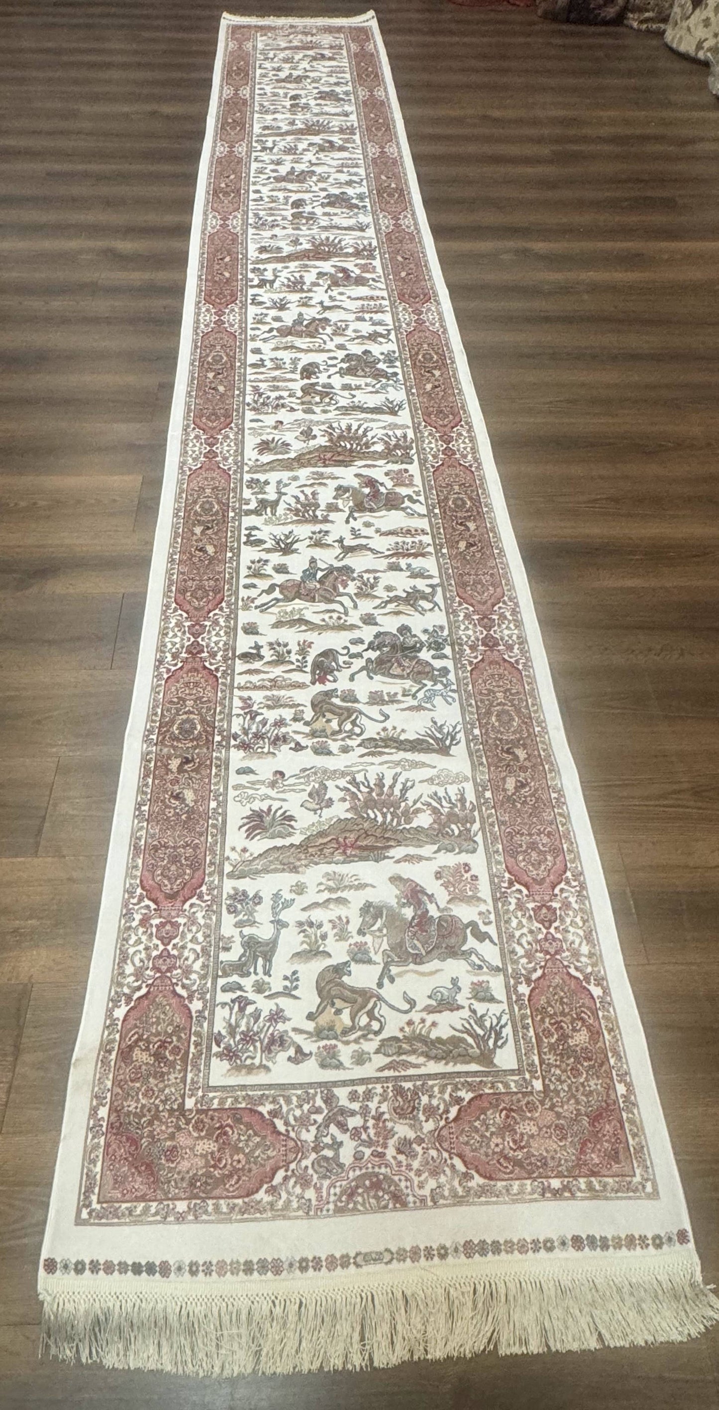 Turkish Silk Runner Rug 2.6x16.5 Ft Ivory Hunting Design Bamboo Silk New