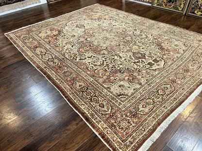 Antique Persian Tabriz Rug 10x12 Hand Knotted Wool Carpet Floral Medallion Beige and Light Red