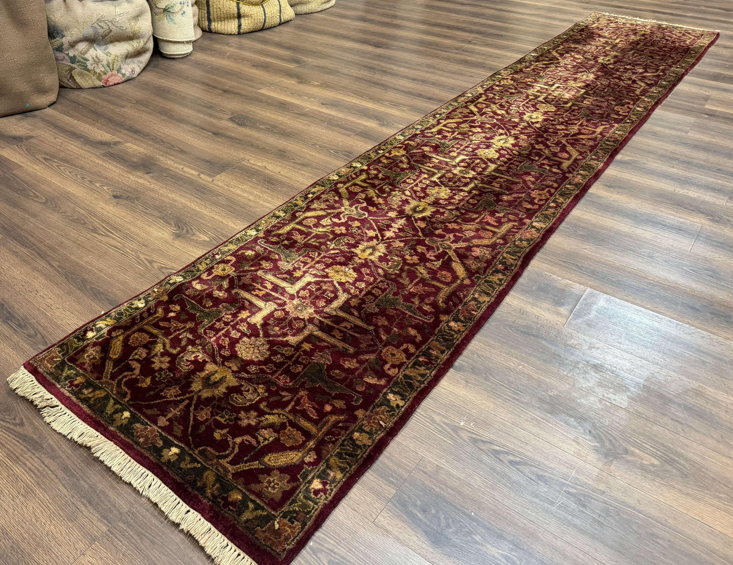 Indo Persian Runner Rug Wool Handmade Maroon 2.7 By 13.8 Hallway