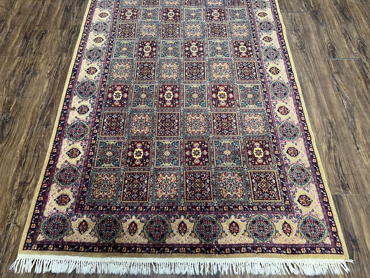 Indo Persian Silk Rug 4x6 Hand Knotted Panel Design Vintage Oriental Carpet