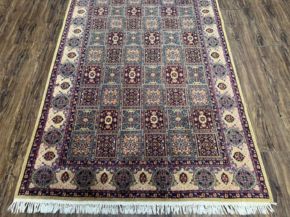 Indo Persian Silk Rug 4x6 Hand Knotted Panel Design Vintage Oriental Carpet