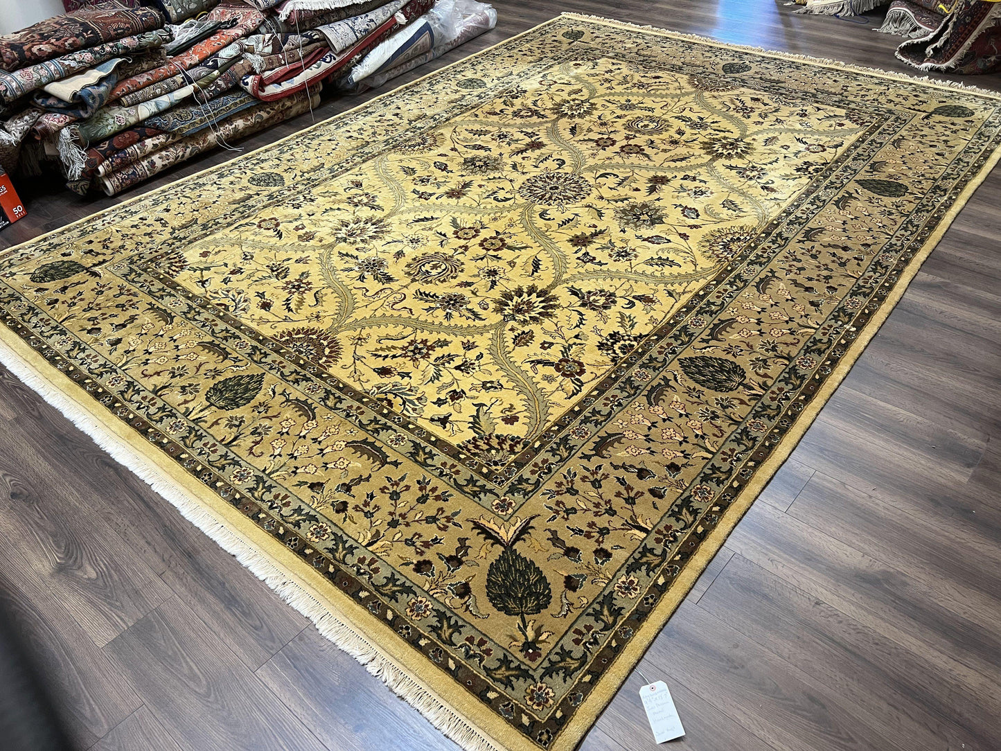 Indo Persian Mahal Rug 10x14 Handmade Wool Hand Knotted Oriental Carpet Cream Floral Allover Vintage Area Rug