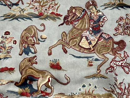 Round Silk Rug 6x6 Bamboo Silk Hunting Design With Animal Pictorials