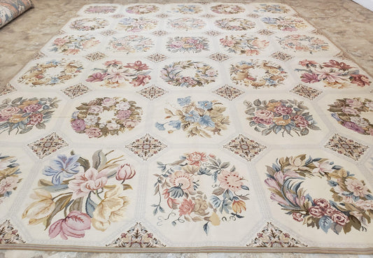 Needlepoint Rug 10x13 Vintage Floral Panel Design Wool Handmade Flatweave No Pile