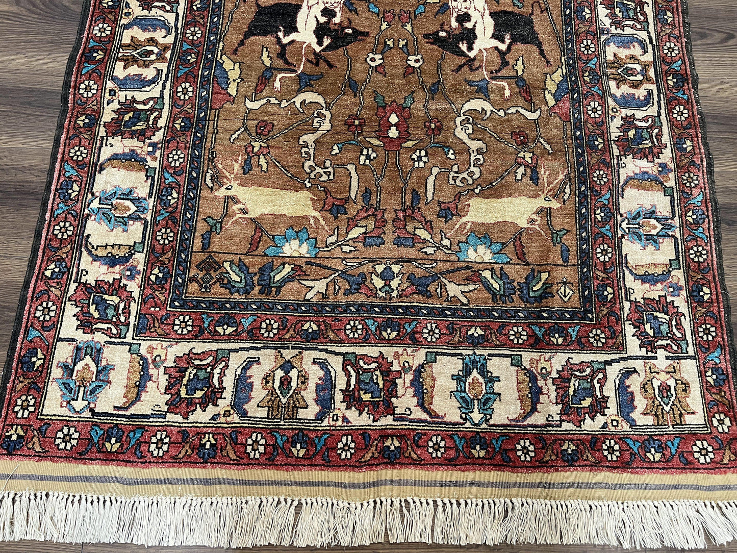 Afghan Silk Rug 4x6 Hunting Pattern With Animal Motifs Light Brown Cream