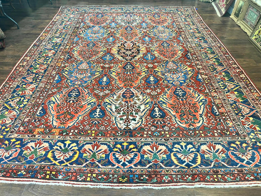 Persian Bakhtiari Rug 10x14 Hand Knotted Rare Tribal Carpet Red Blue Ivory Multicolor
