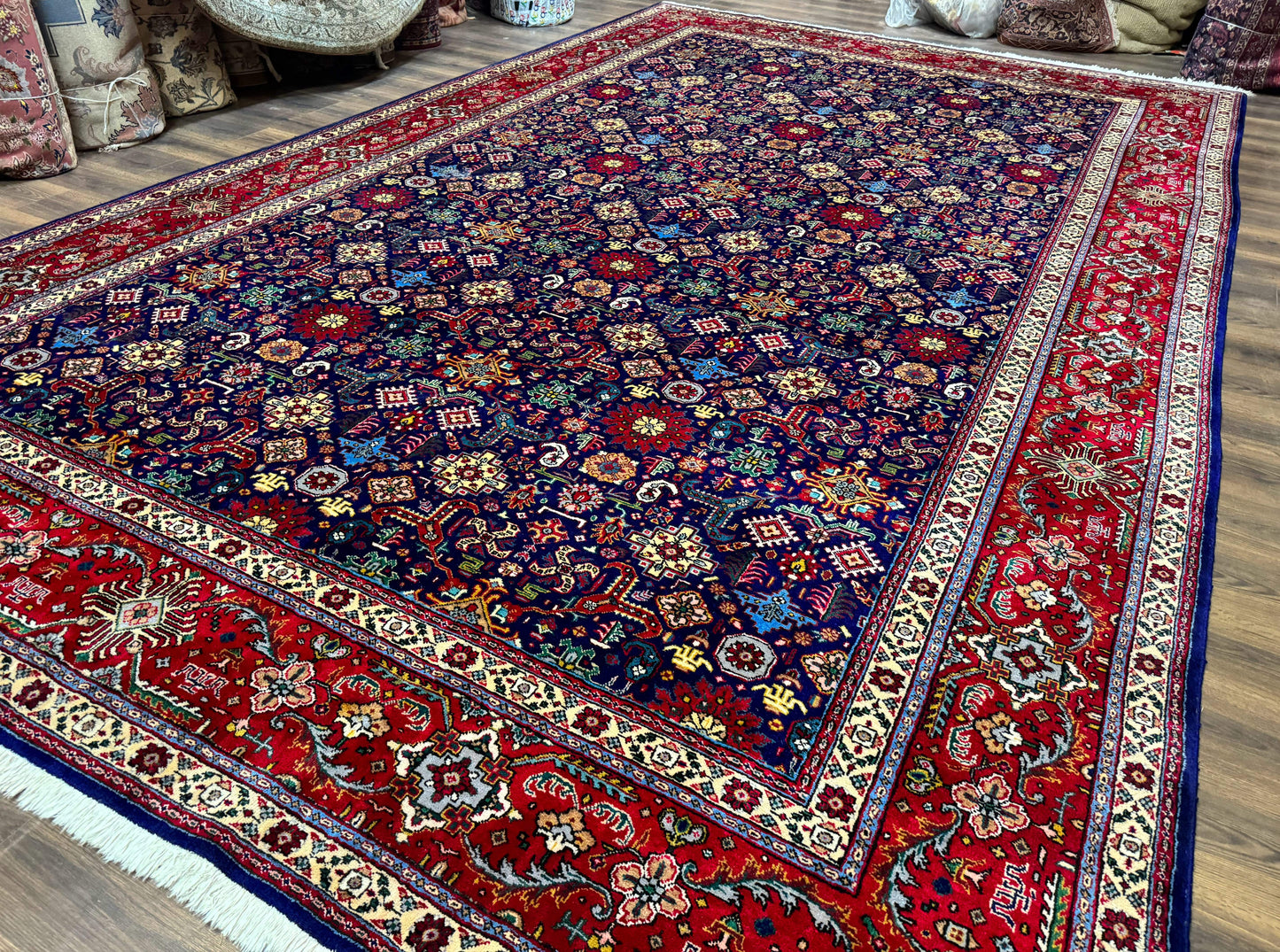 Large Persian Tabriz Rug 10x16 Navy Blue And Red Allover Pattern Hand Knotted Wool Carpet