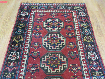 Hand Knotted Caucasian Kazak Wool Runner Rug Antique 1920s Medallion Design