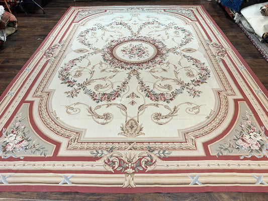 Aubusson Rug Vintage Handmade Wool 10x14 Ivory Floral European Design