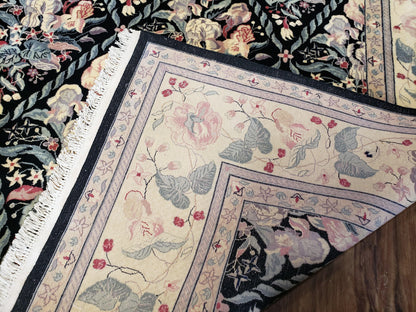 Black Kirman Rug Wool Handmade Floral Oriental Carpet 8x11 Room Size