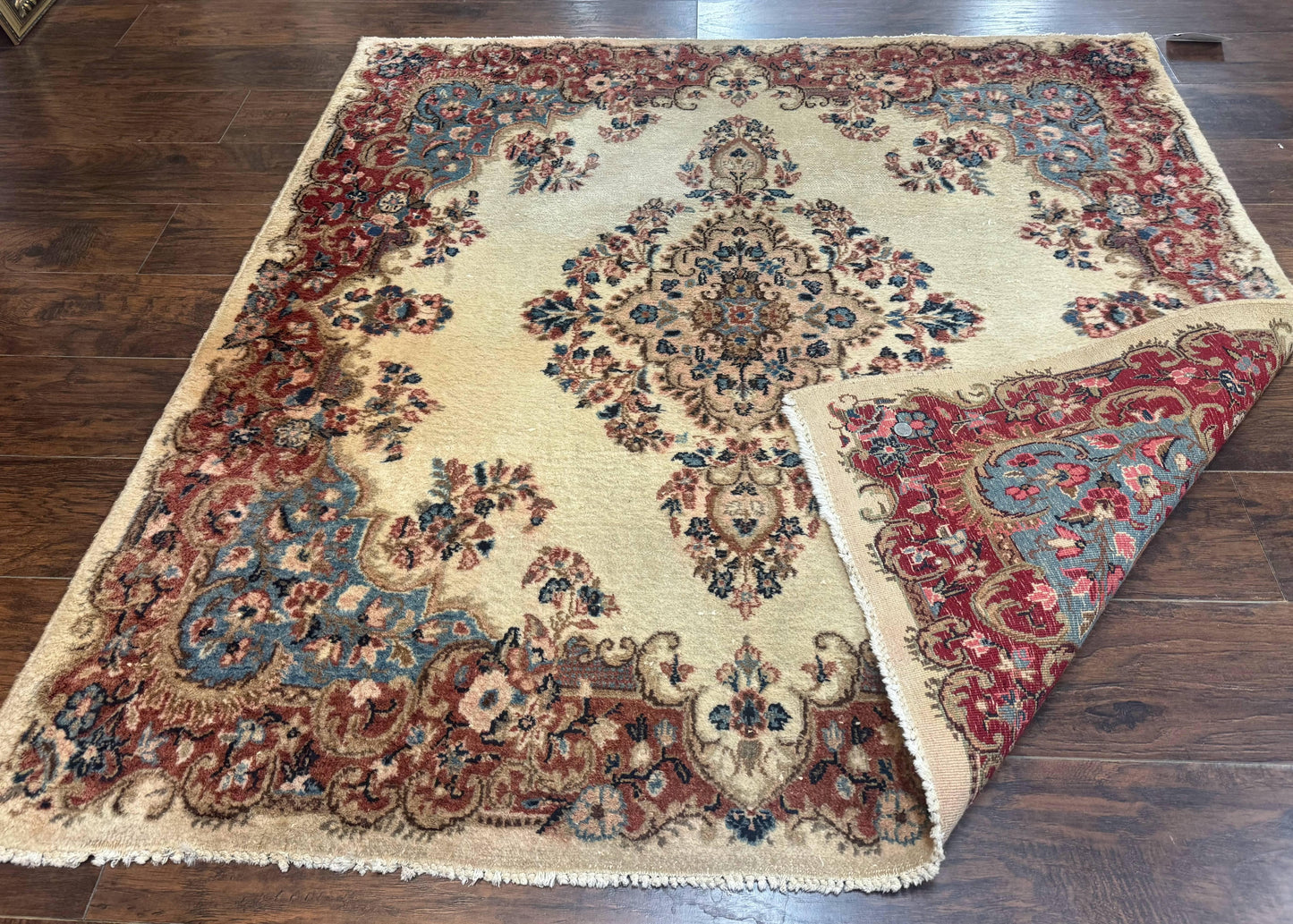 Persian Kerman Rug Square 5.5 by 5.5 Ft Beige Cream and Light Blue
