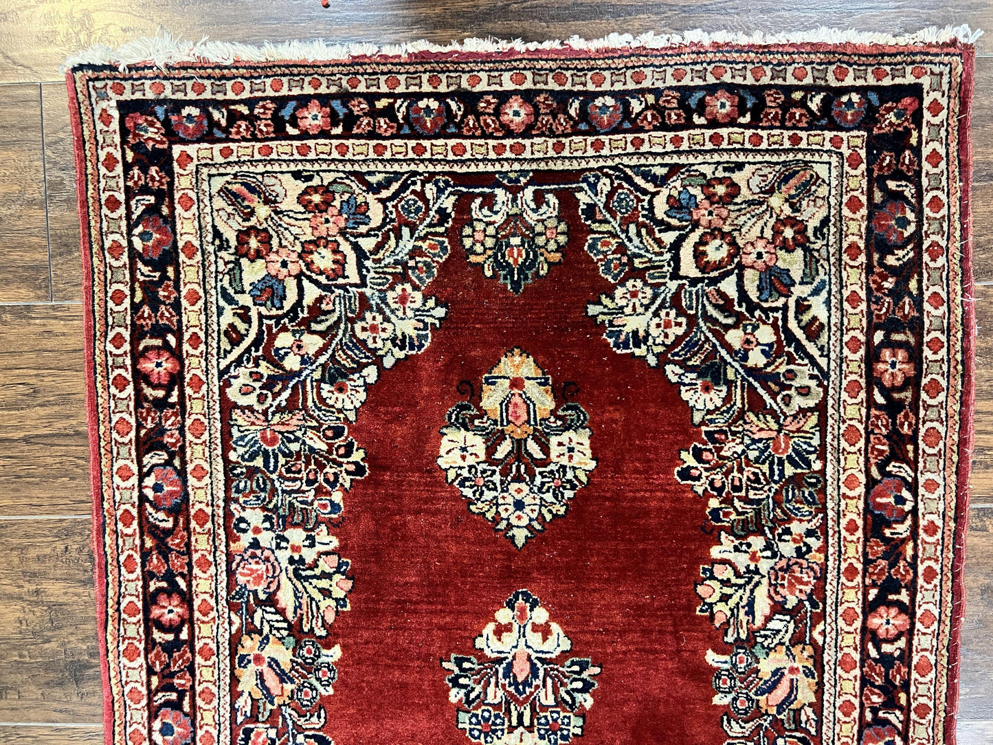 Persian Sarouk Runner Rug Handmade Wool Two Point Seven By Six Red Vintage Semi Antique