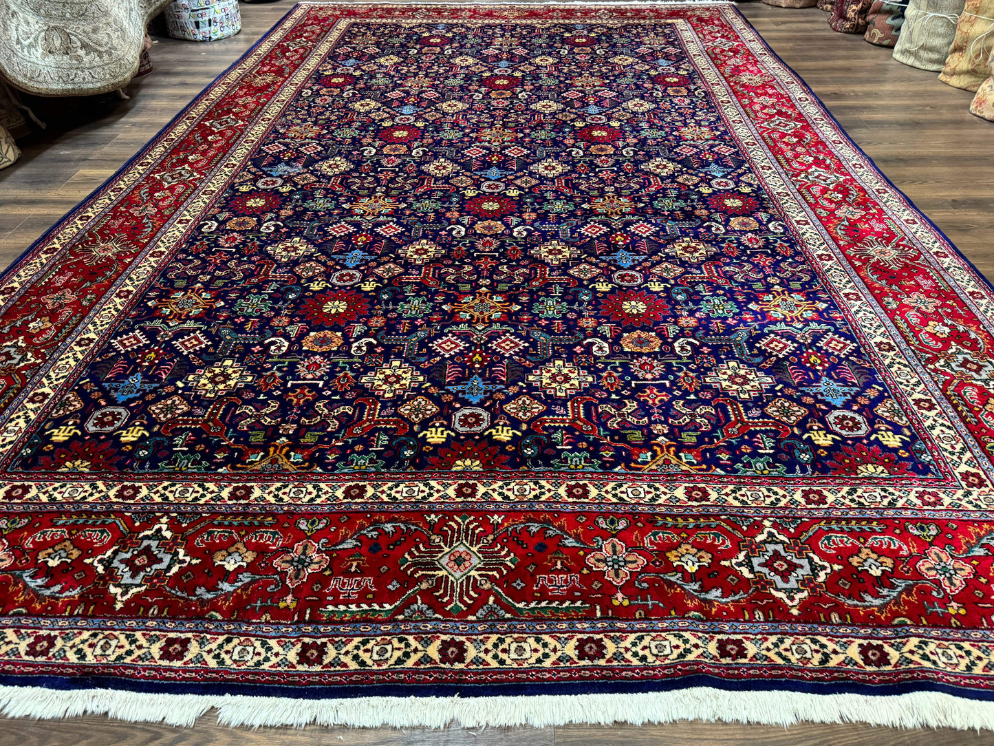 Large Persian Tabriz Rug 10x16 Navy Blue And Red Allover Pattern Hand Knotted Wool Carpet
