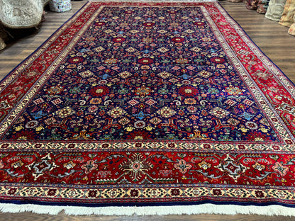 Large Persian Tabriz Rug 10x16 Navy Blue And Red Allover Pattern Hand Knotted Wool Carpet
