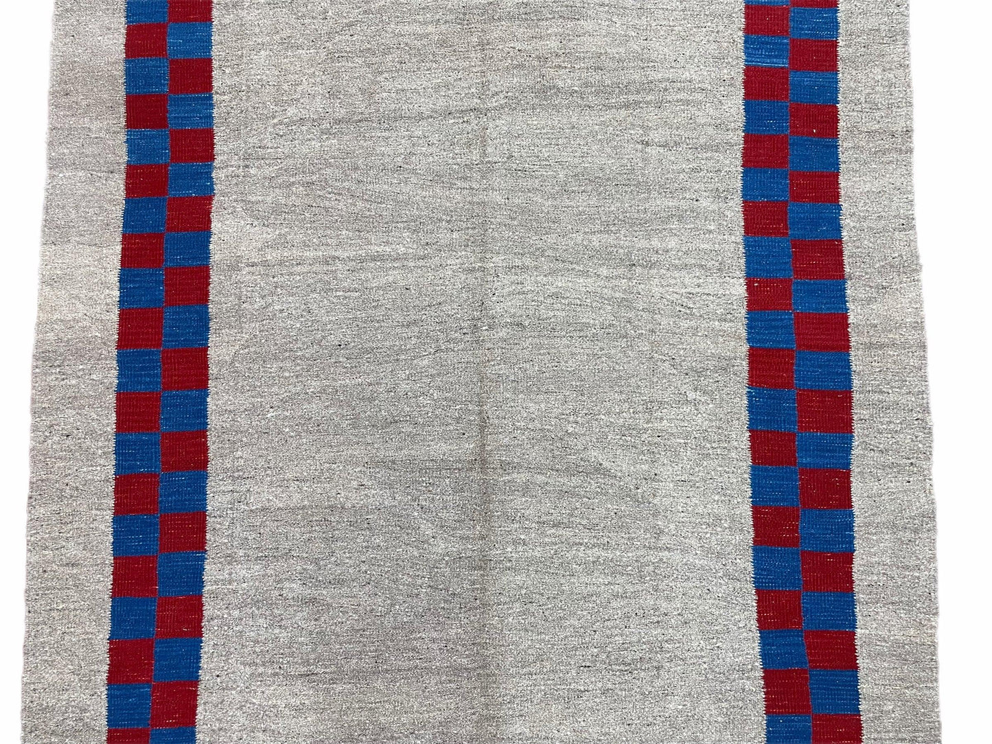 Turkish Kilim Rug Hand Knotted Wool Geometric Gray Blue Red Border 5 Ft 7 In By 7 Ft 7 In