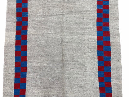 Turkish Kilim Rug Hand Knotted Wool Geometric Gray Blue Red Border 5 Ft 7 In By 7 Ft 7 In
