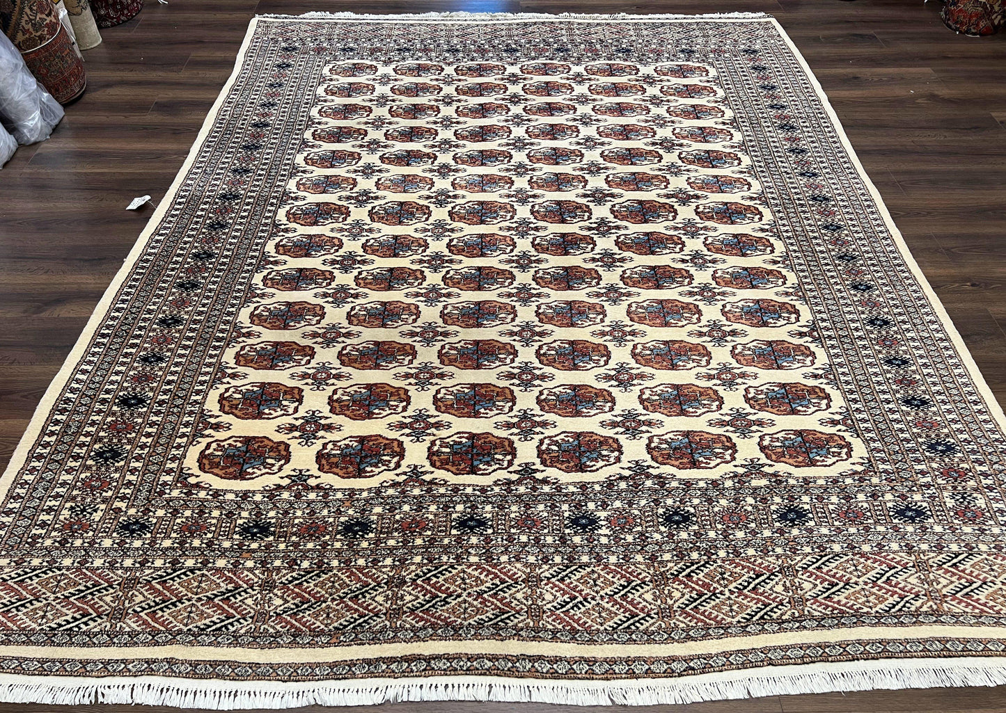 Pakistani Bokhara Rug 8x10 Vintage Handmade Turkoman Carpet With Elephant Foot Motif Ivory Cream Black Red