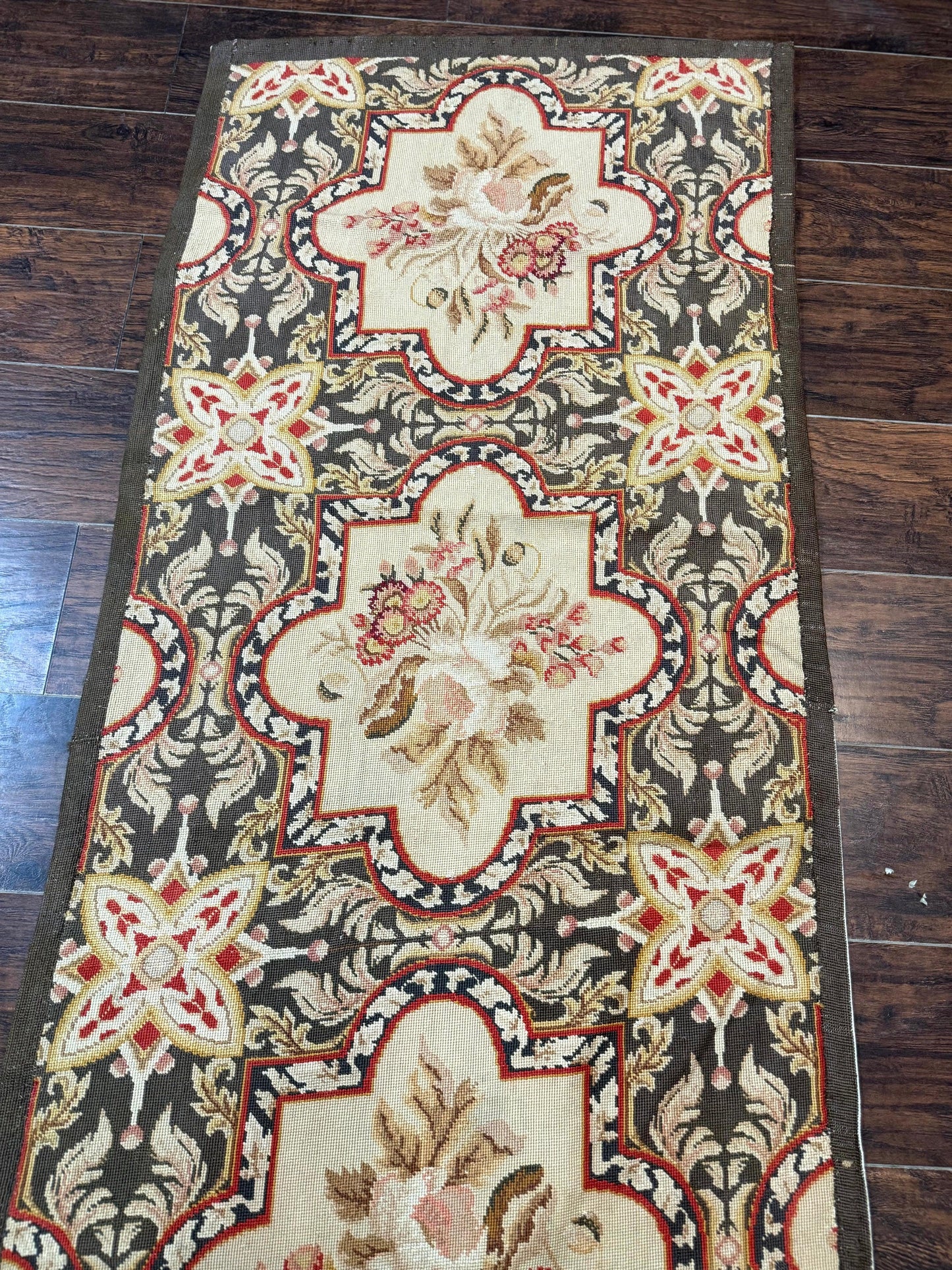 Needlepoint Runner Rug European French Design Handmade Wool Vintage