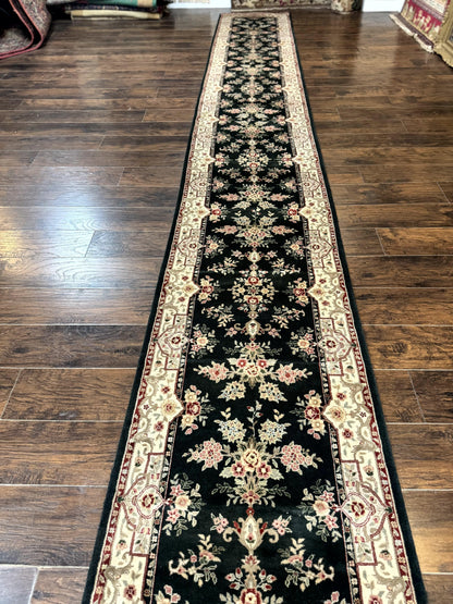 Persian Runner Rug Handmade Wool Floral Allover 2.7x21 Dark Green Beige Hallway Runner