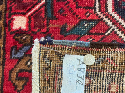 Persian Heriz Karajeh Runner Rug 3.7 x 12 ft Red Navy Geometric Medallions