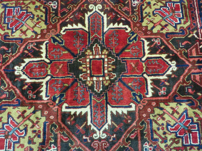 Persian Heriz Rug Hand Knotted Wool Red Ivory Dark Blue 8 Foot 6 Inch By 11 Foot Geometric Medallion Semi Antique