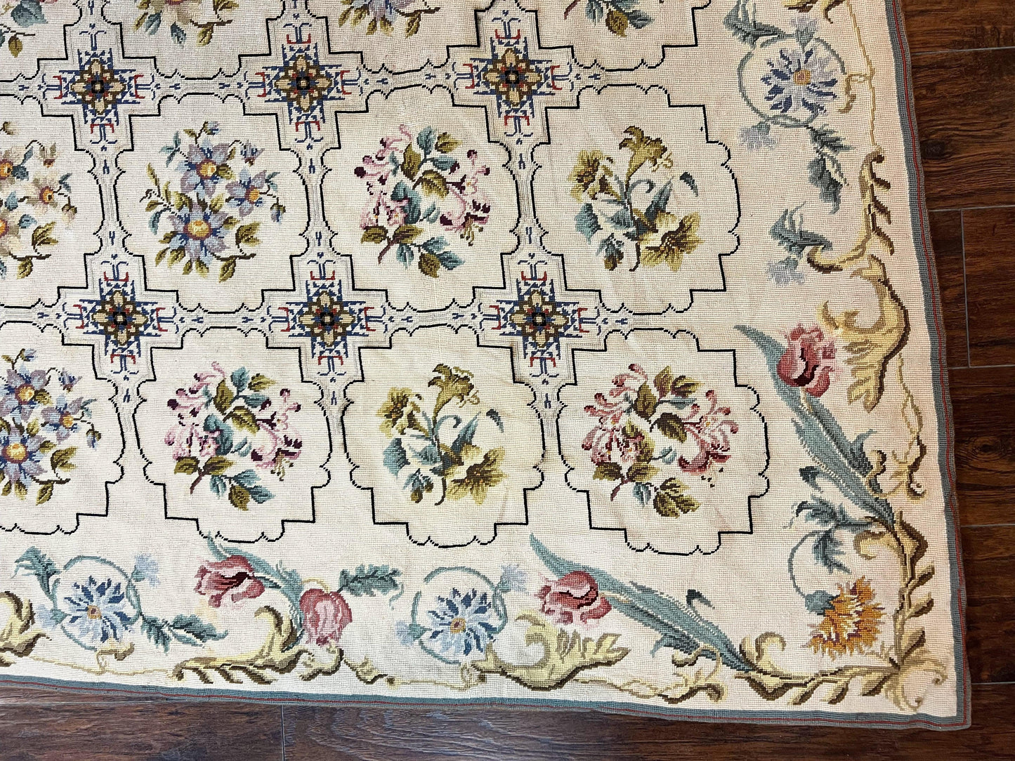 Needlepoint Rug 10x14 Wool Handmade Vintage Floral Panel Ivory Cream