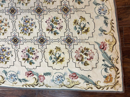 Needlepoint Rug 10x14 Wool Handmade Vintage Floral Panel Ivory Cream