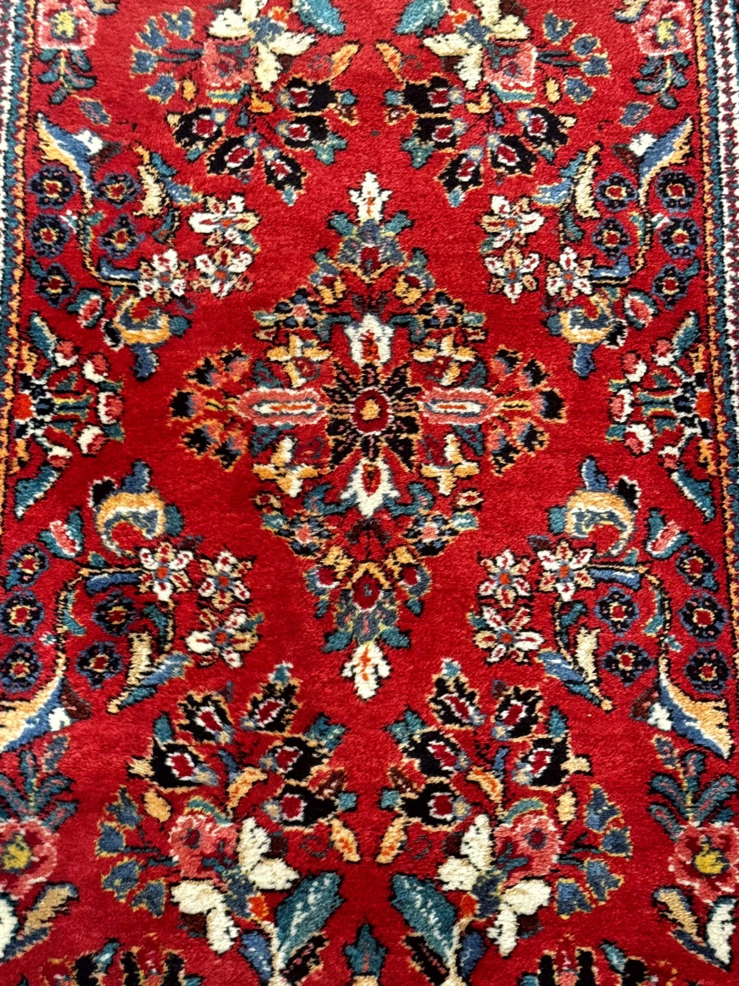 Persian Sarouk Runner Rug 3x12 Vintage Wool Red Floral Design